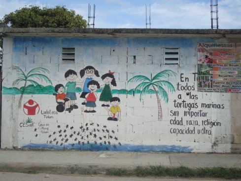 One of the murals in Tulum educating children on turtles.