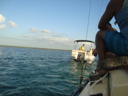 Getting towed by our friends on the lagoon.