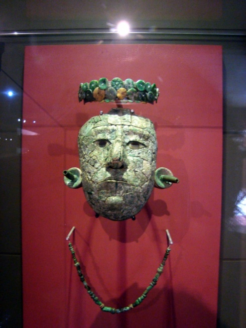A jade death mask of the Red queen. Nobility were buried with many valuables, including jade masks such as this.