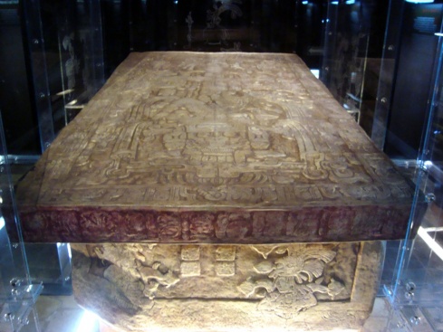 A replica of the elaborately-carved stone tomb of Pakal, the legendary ruler of Palenque.