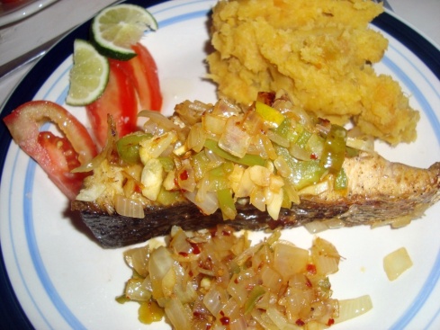 Pan fried barracuda with sweet potato mash and caramelized onions.
