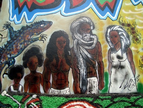 Some imagery on the mural painted by Memo and his friends.
