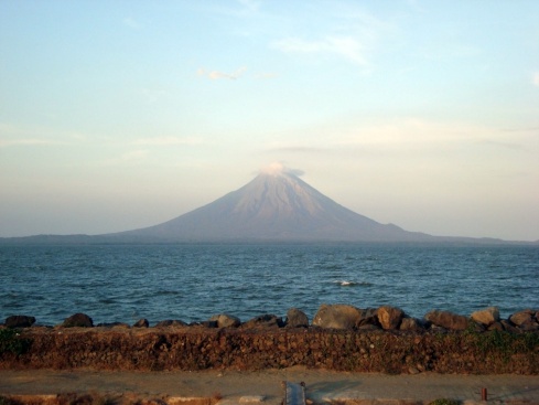 Our first view of the beautiful Conception Volcano on Ometepe Island from the dock at San Jorge.