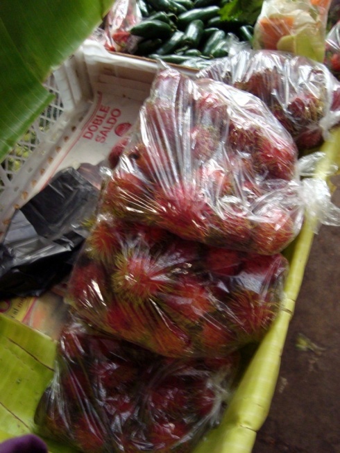 Rambutans (USD$1 for  a bag) in Santiago Maria, El Salvador.