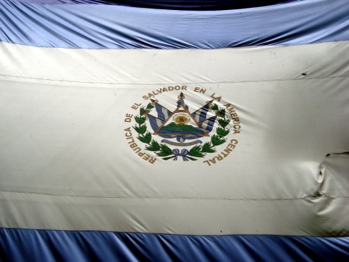 This massive flag of El Salvador hung at the entrance to La Tortuga Verde, our hotel on playa El Esteron.