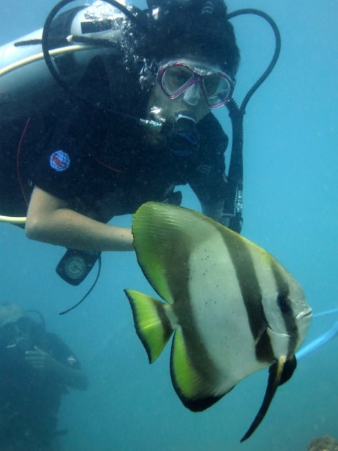 Me, underwater, checking out a Bat fish.