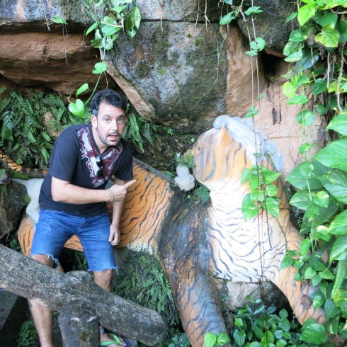 Rick, posing next to a tiger on the way up some narrow stairs carved into the side of one of the limestone cliffs.