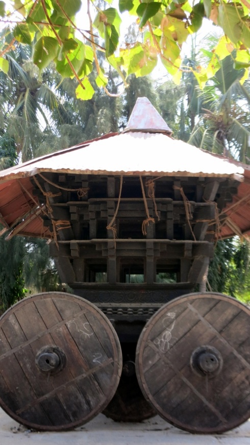 A massive wooden chariot in Anegundi.