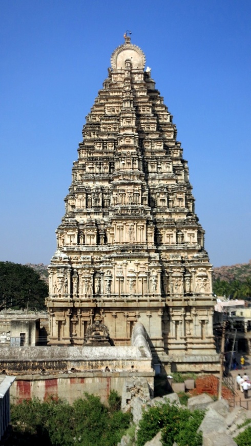 One of the many intricately-carved temples in Hampi.