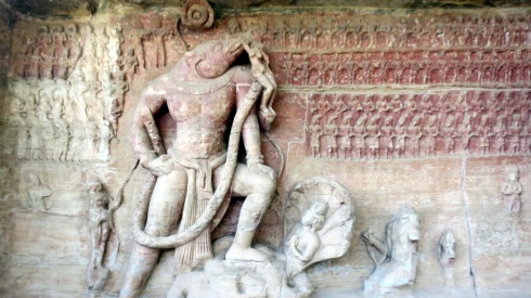 The impressive rock sculpture of Vishnu in his incarnation as the boar-headed Varaha in Cave 5.