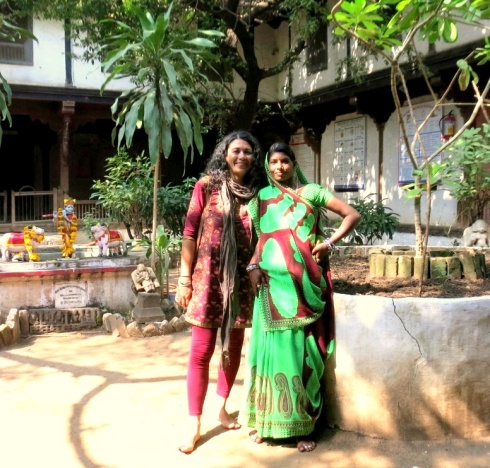 Making friends in the courtyard of Ahilya Bai Holkar's palace.